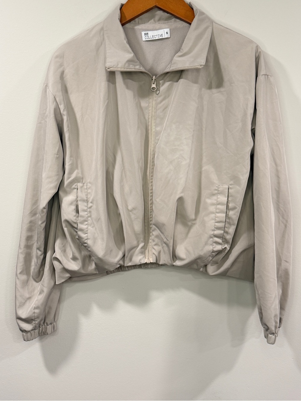 Fit Collective Womens Light Taupe Zip-Front Bomber Performance Jacket Size S